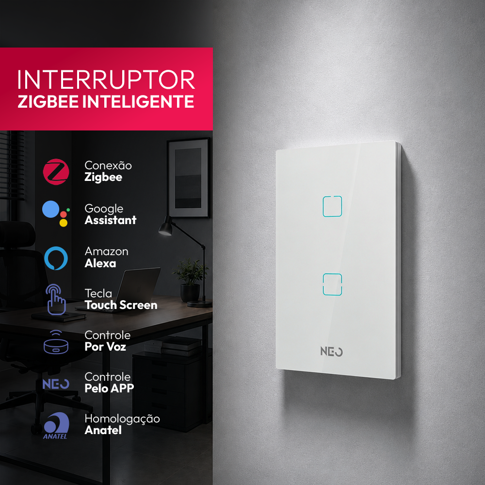 Interruptor Inteligente Zigbee 2 Botões 4x2 Bivolt Branco Neo
