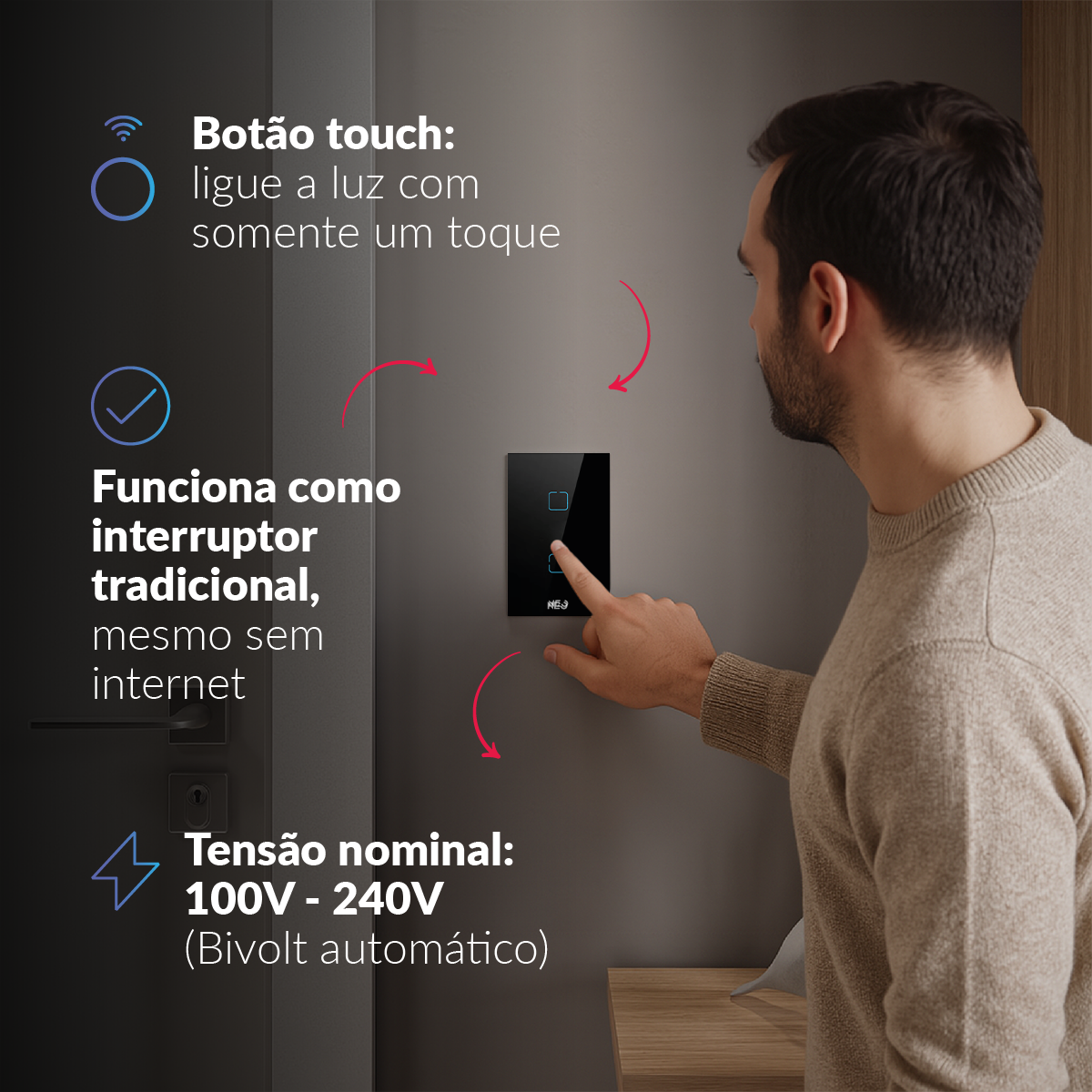 Interruptor Inteligente Zigbee 2 Botões 4x2 Bivolt Preto Neo Avant