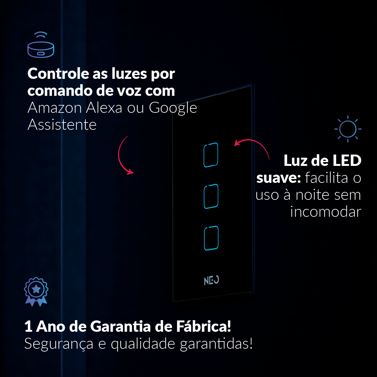Interruptor Inteligente Zigbee 3 Botões 4x2 Bivolt Preto Neo Avant
