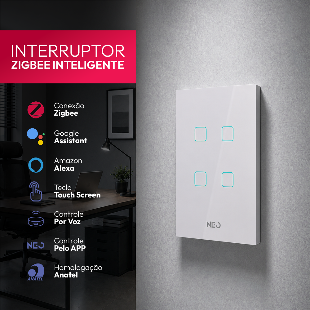 Interruptor Inteligente Zigbee 4 Botões 4x2 Bivolt Branco Neo