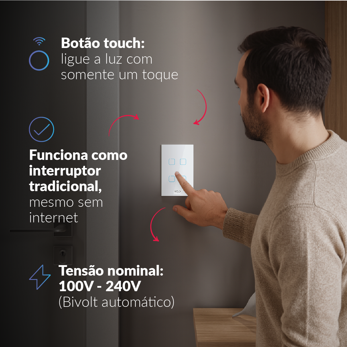 Interruptor Inteligente Zigbee 4 Botões 4x2 Bivolt Branco Neo Avant