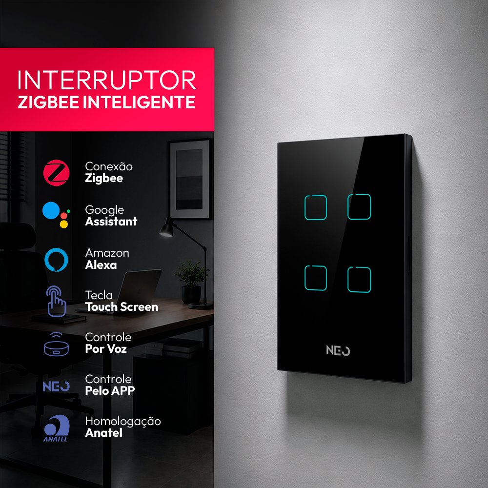 Interruptor Inteligente Zigbee 4 Botões 4x2 Bivolt Preto Neo