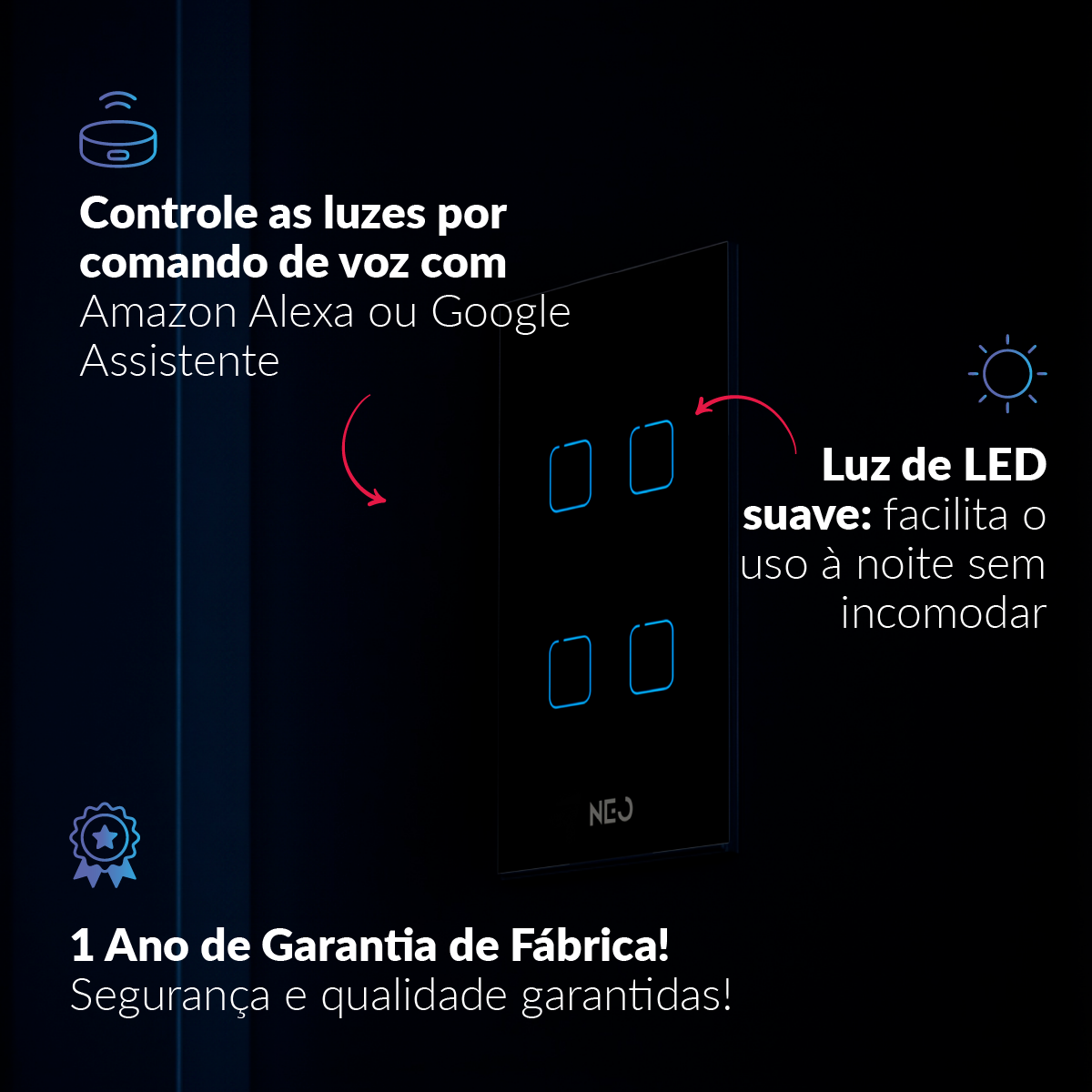 Interruptor Inteligente Zigbee 4 Botões 4x2 Bivolt Preto Neo Avant - NEO Avant