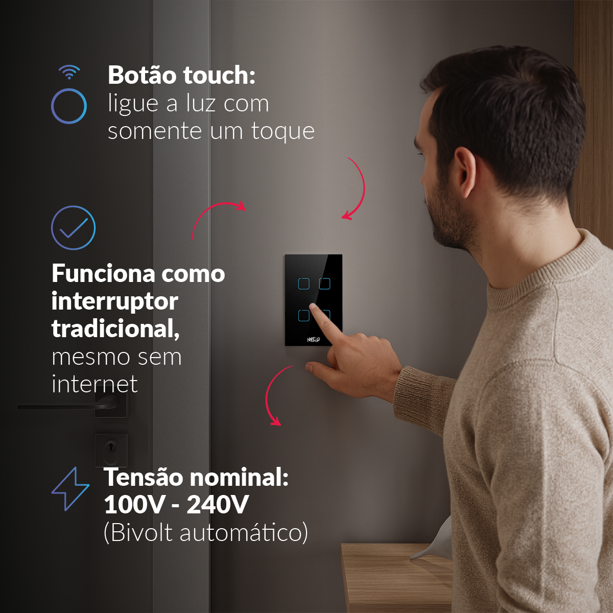 Interruptor Inteligente Zigbee 4 Botões 4x2 Bivolt Preto Neo Avant