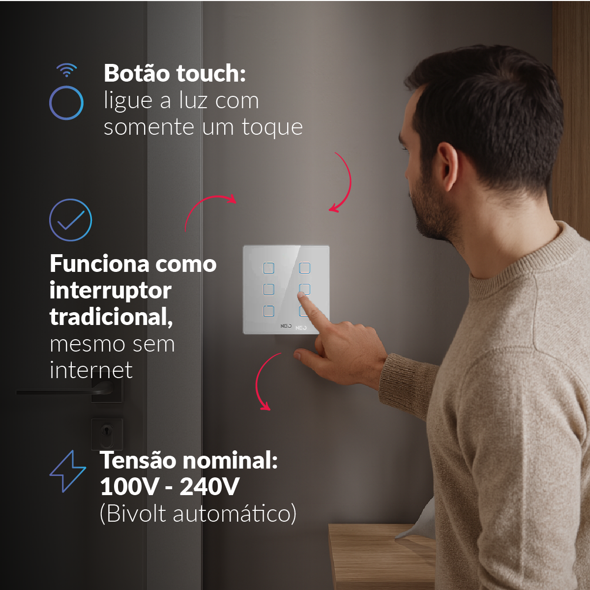 Interruptor Inteligente Zigbee 6 Botões 4x4 Bivolt Branco Neo Avant