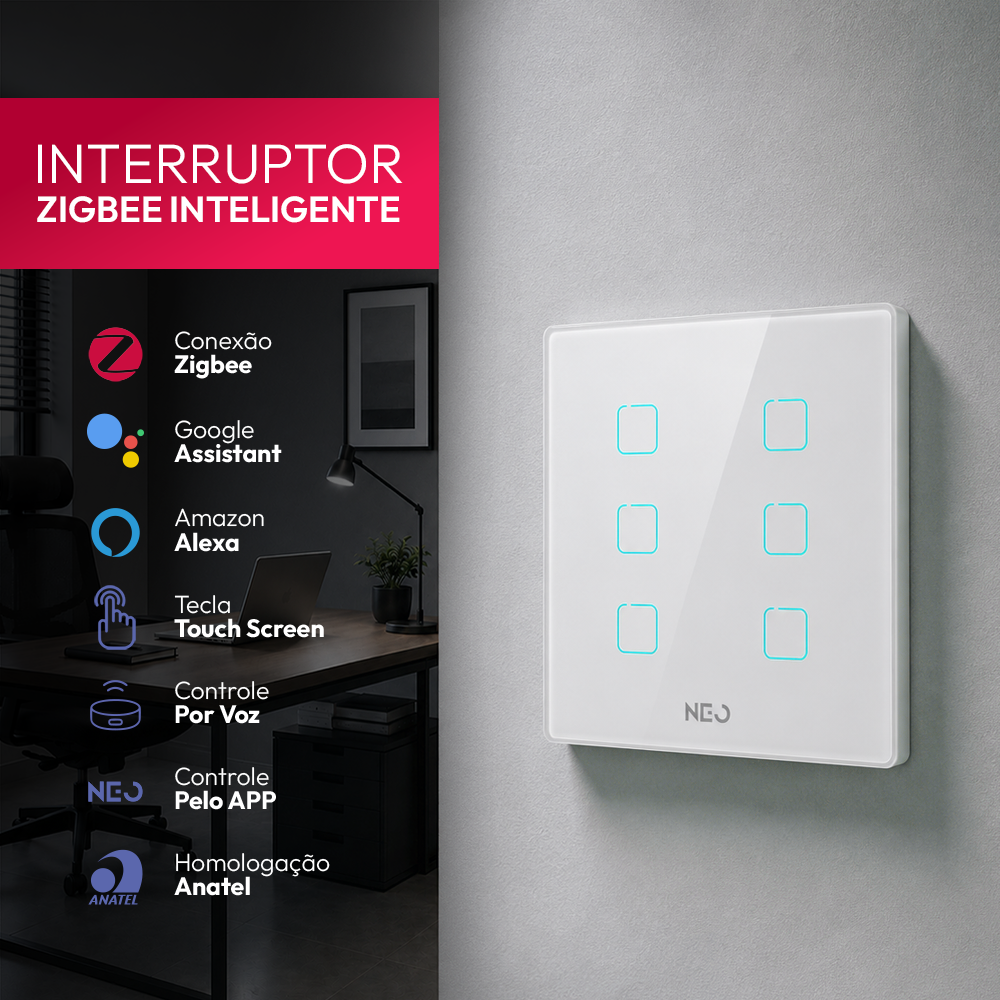 Interruptor Inteligente Zigbee 6 Botões 4x4 Bivolt Branco Neo