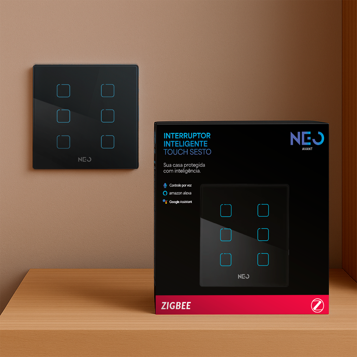 Interruptor Inteligente Zigbee 6 Botões 4x4 Bivolt Preto Neo Avant