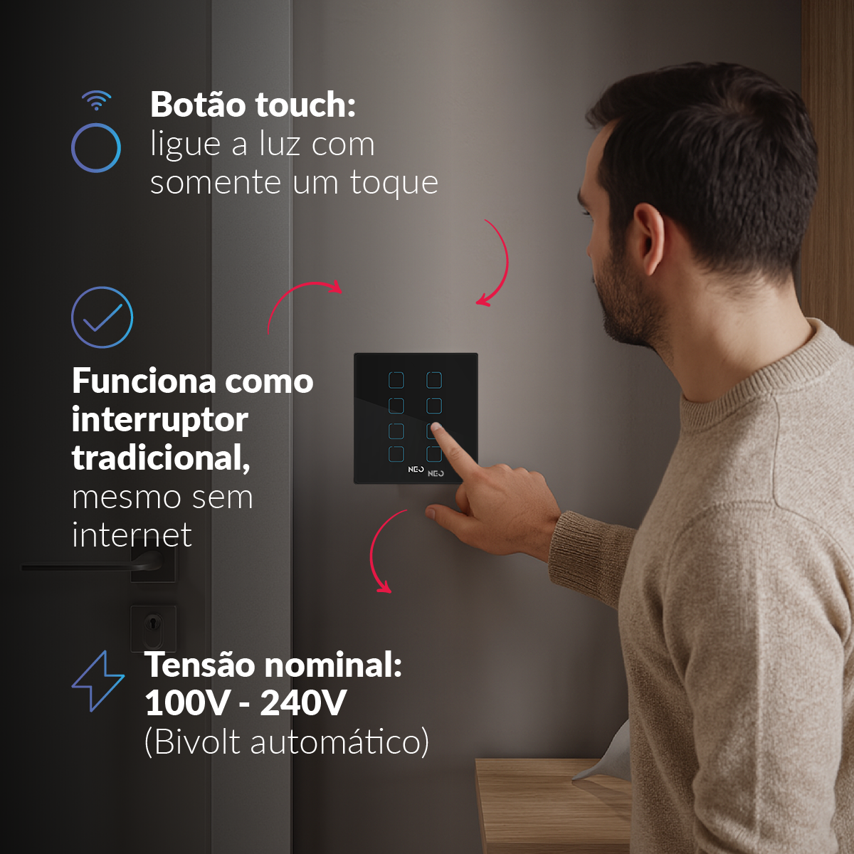 Interruptor Inteligente Zigbee 8 Botões 4x4 Bivolt Preto Neo Avant