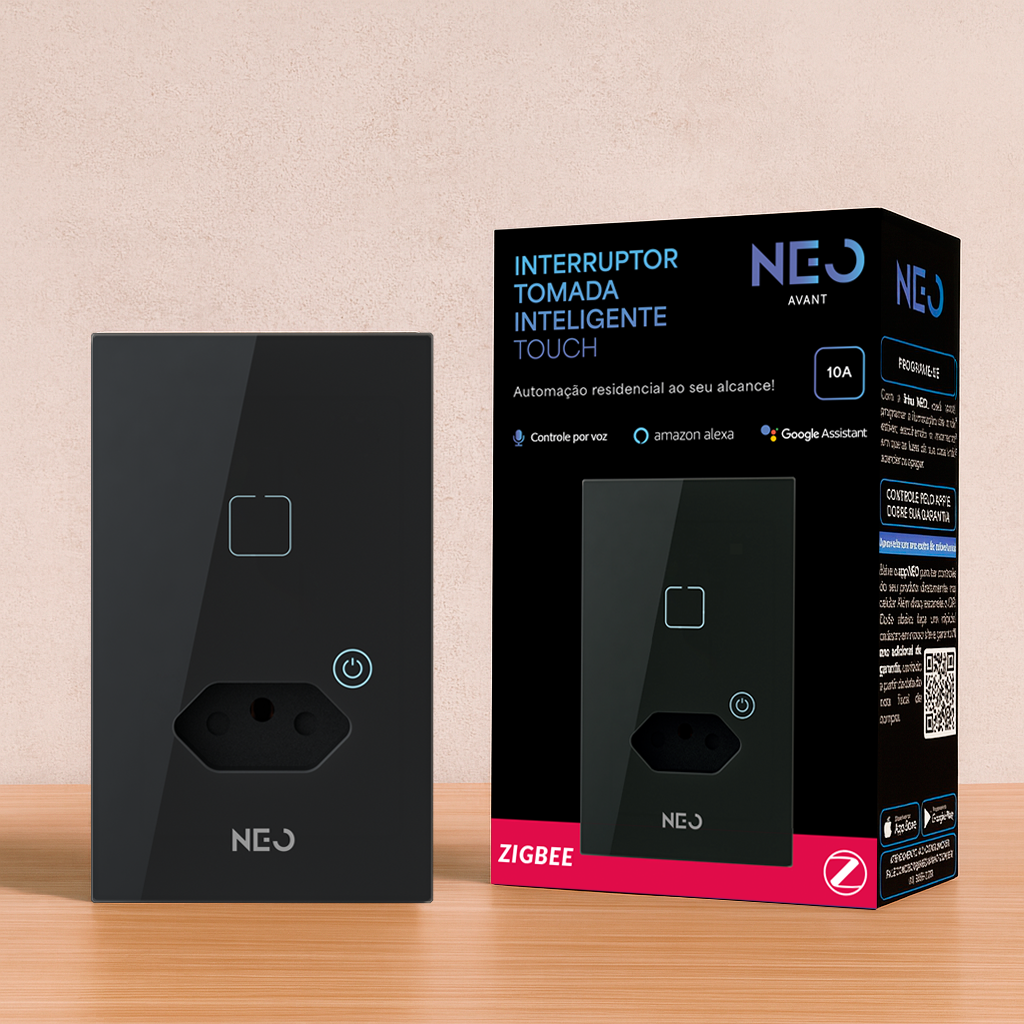 Interruptor Inteligente Zigbee 1 Botão Com Tomada 10A 4x2 Bivolt Preto Neo