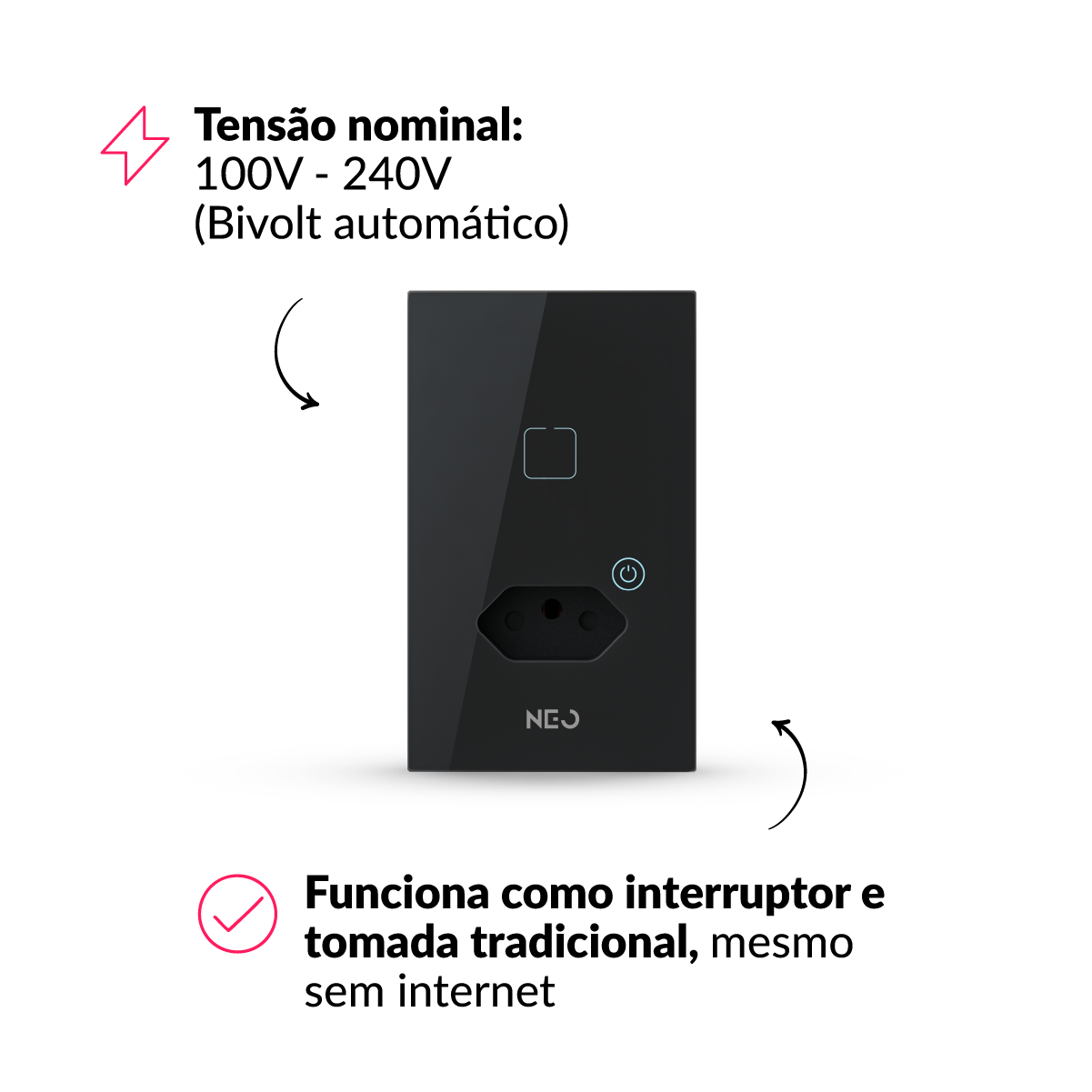 Interruptor Inteligente Zigbee 1 Botão Com Tomada 4x2 Bivolt Preto Neo Avant - NEO Avant