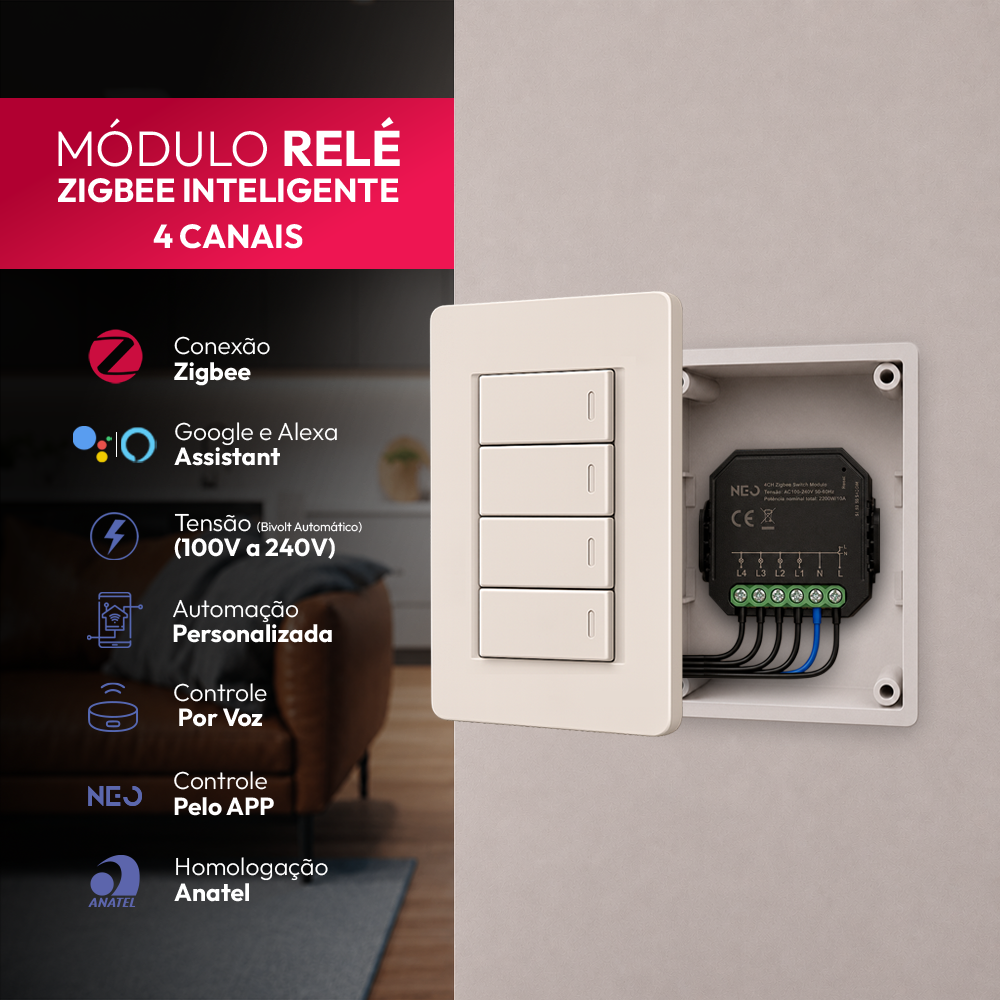 Mini Módulo Relé Interruptor Inteligente Zigbee 4 Canais 5A Neo