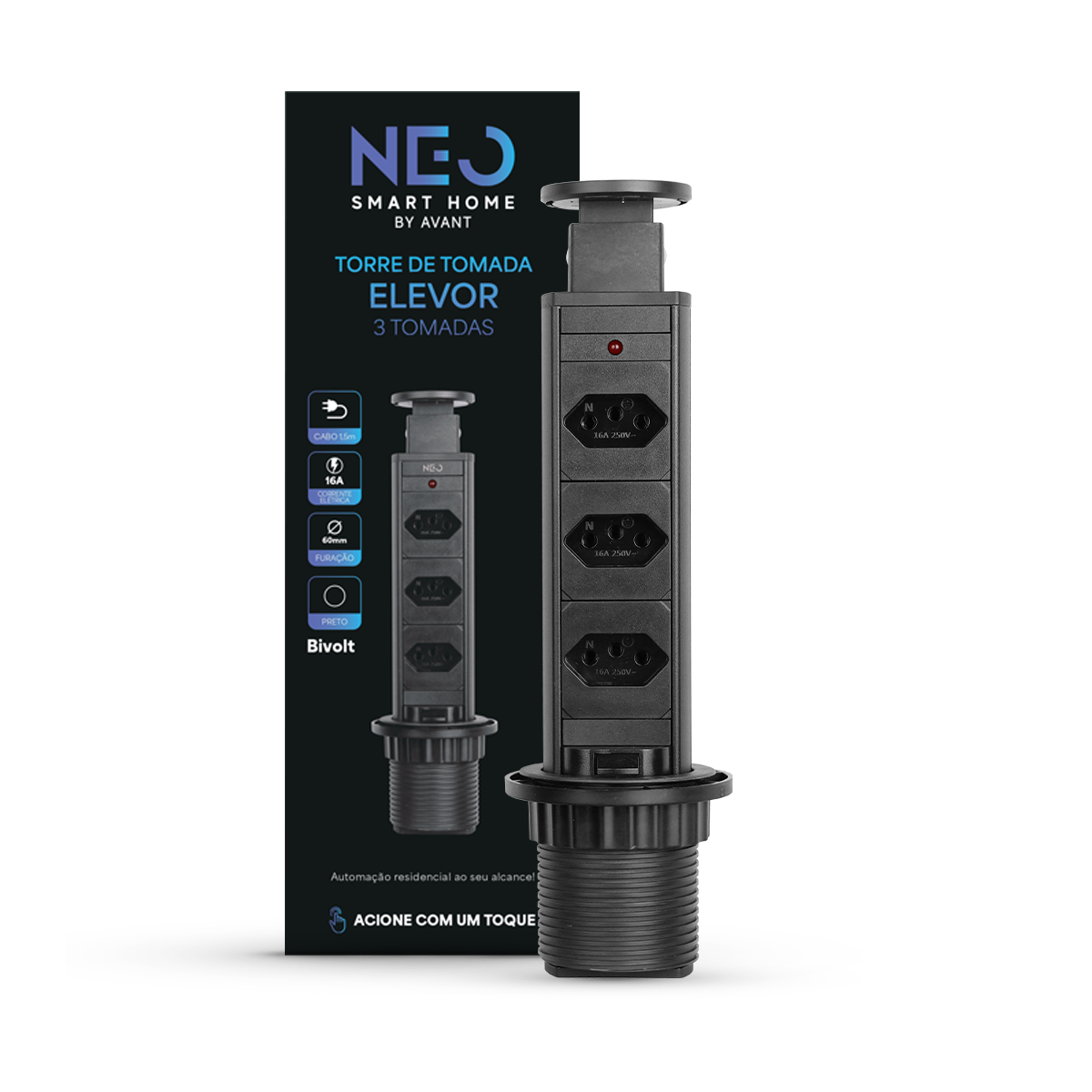 Torre de Tomada Retrátil Preto 3 Tomadas Multiplug Subida Manual Elevor Bivolt