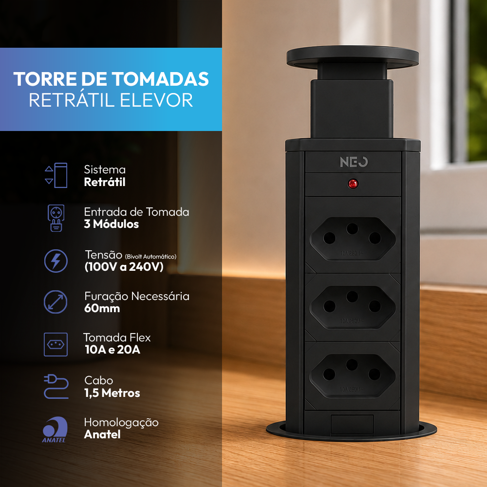 Torre de Tomada Retrátil Preto 3 Tomadas Multiplug Subida Manual Elevor Bivolt