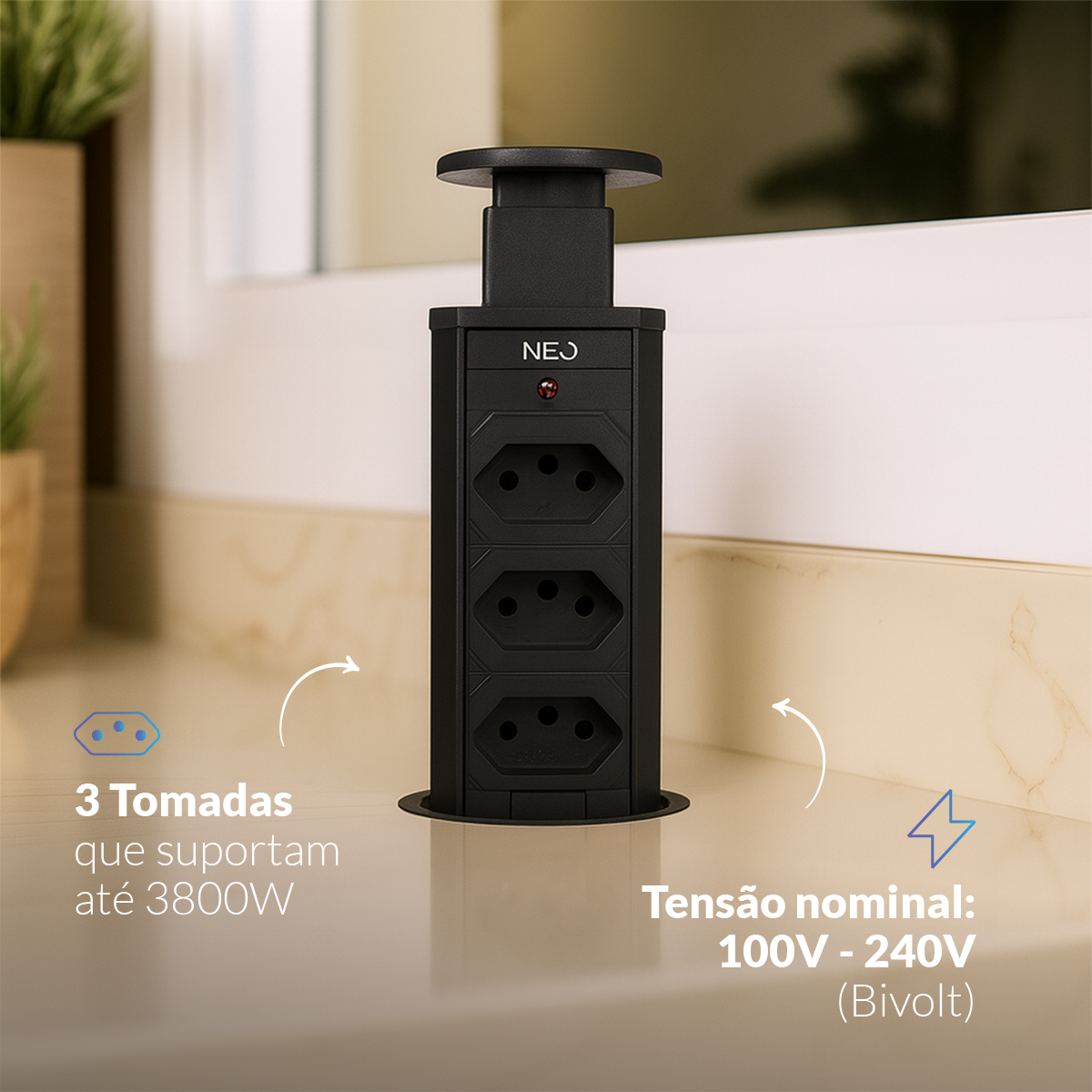Torre de Tomada Retrátil Preto 3 Tomadas Multiplug Subida Manual Elevor Bivolt