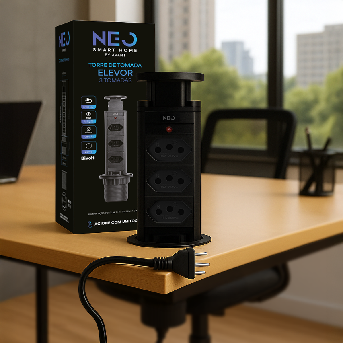 Torre de Tomada Retrátil Preto 3 Tomadas Multiplug Elevor Bivolt