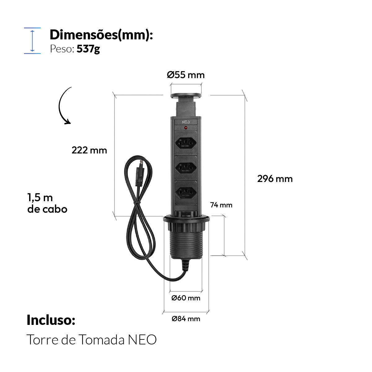 Torre de Tomada Retrátil Preto 3 Tomadas Multiplug Subida Manual Elevor Bivolt