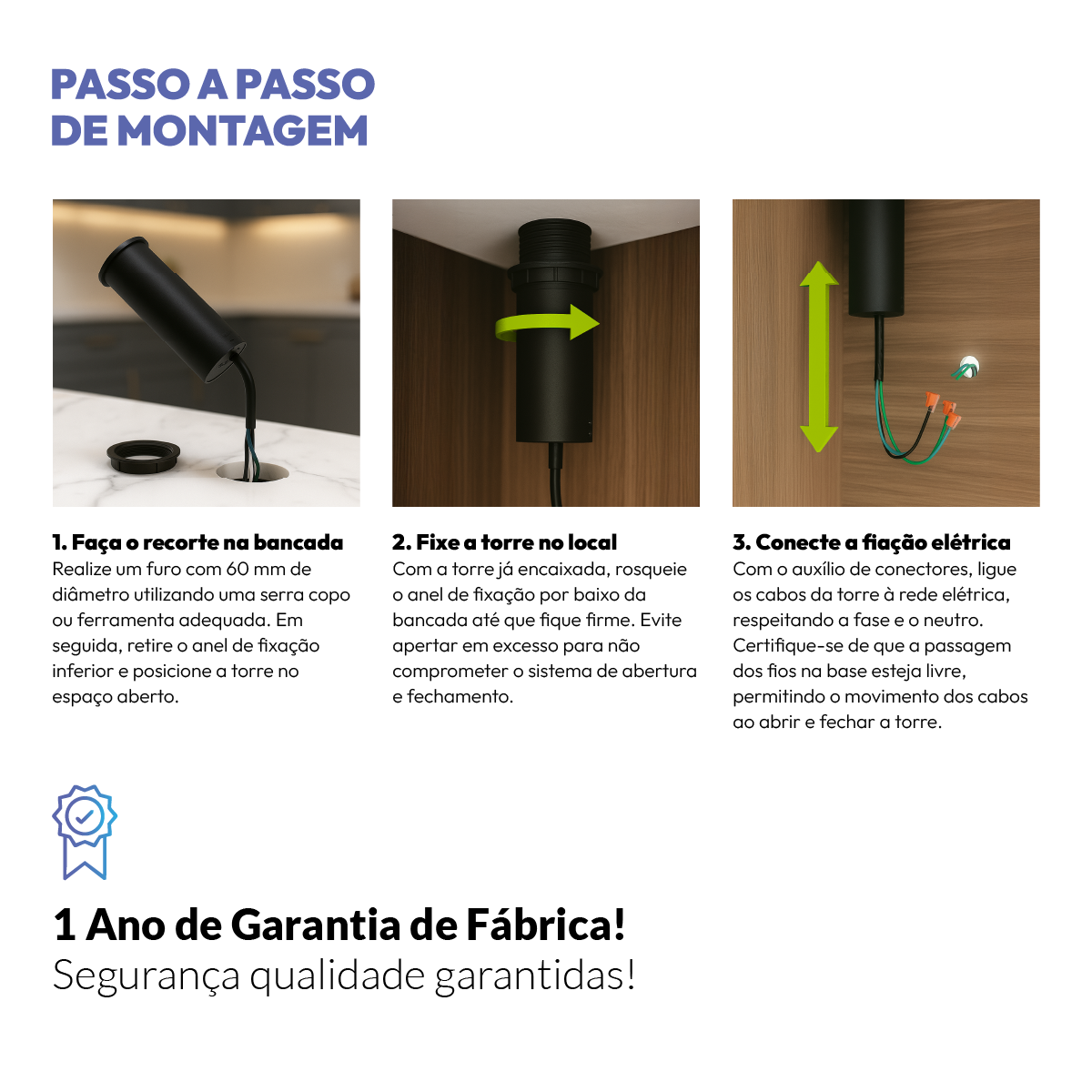 Torre de Tomada Retrátil Preto 3 Tomadas Multiplug Subida Manual Elevor Bivolt