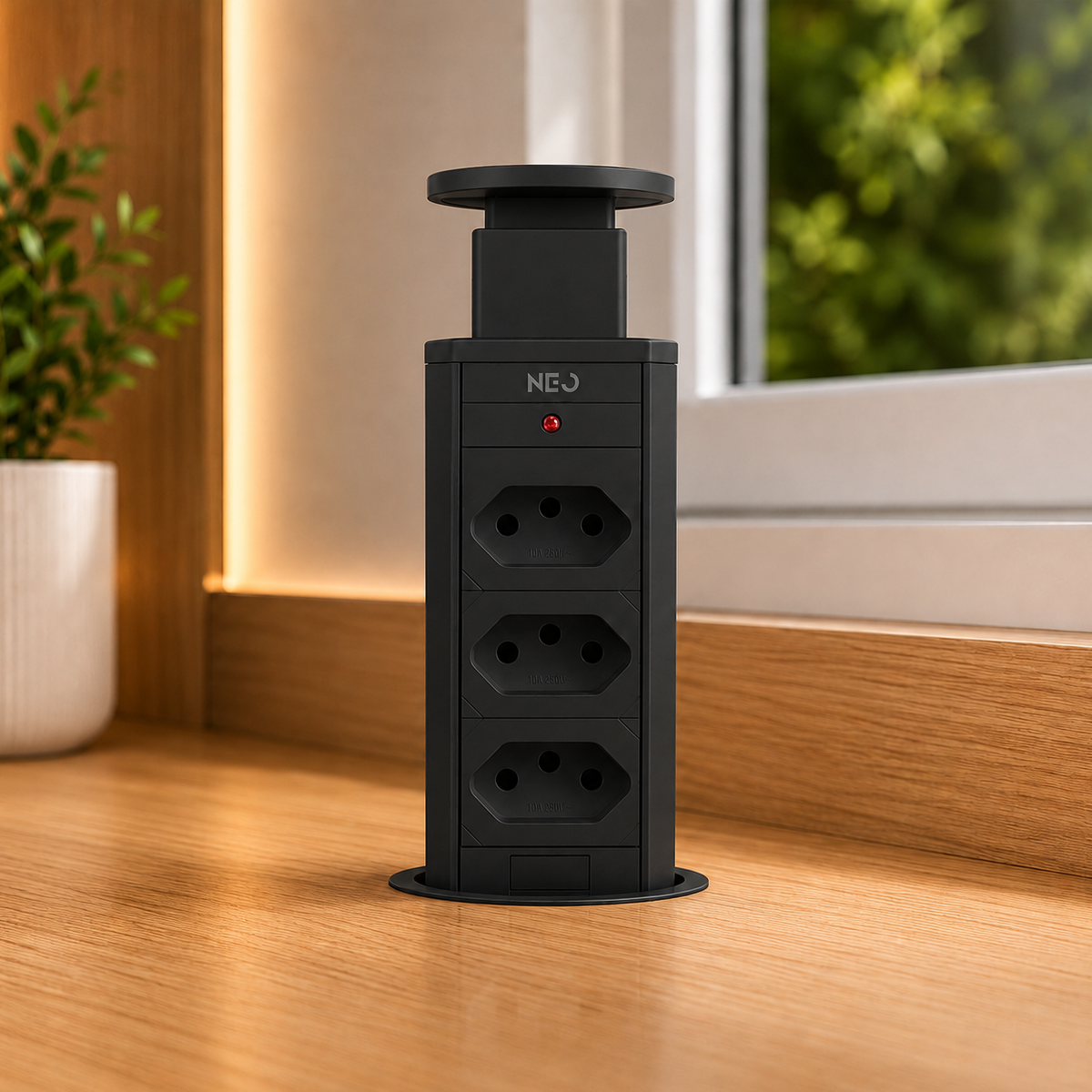 Torre de Tomada Retrátil Preto 3 Tomadas Multiplug Subida Manual Elevor Bivolt