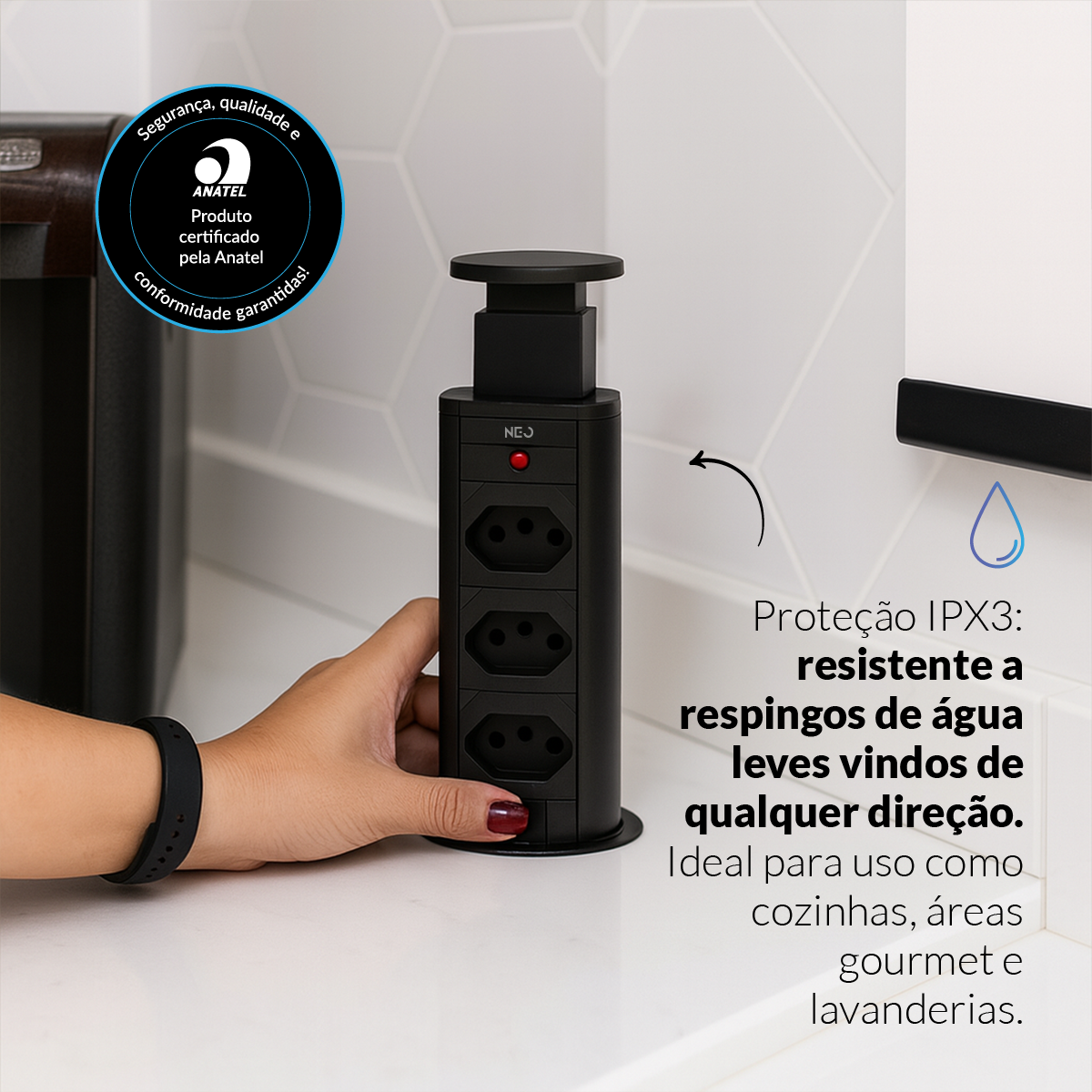 Torre de Tomada Retrátil Preto 3 Tomadas Multiplug Subida Manual Elevor Bivolt