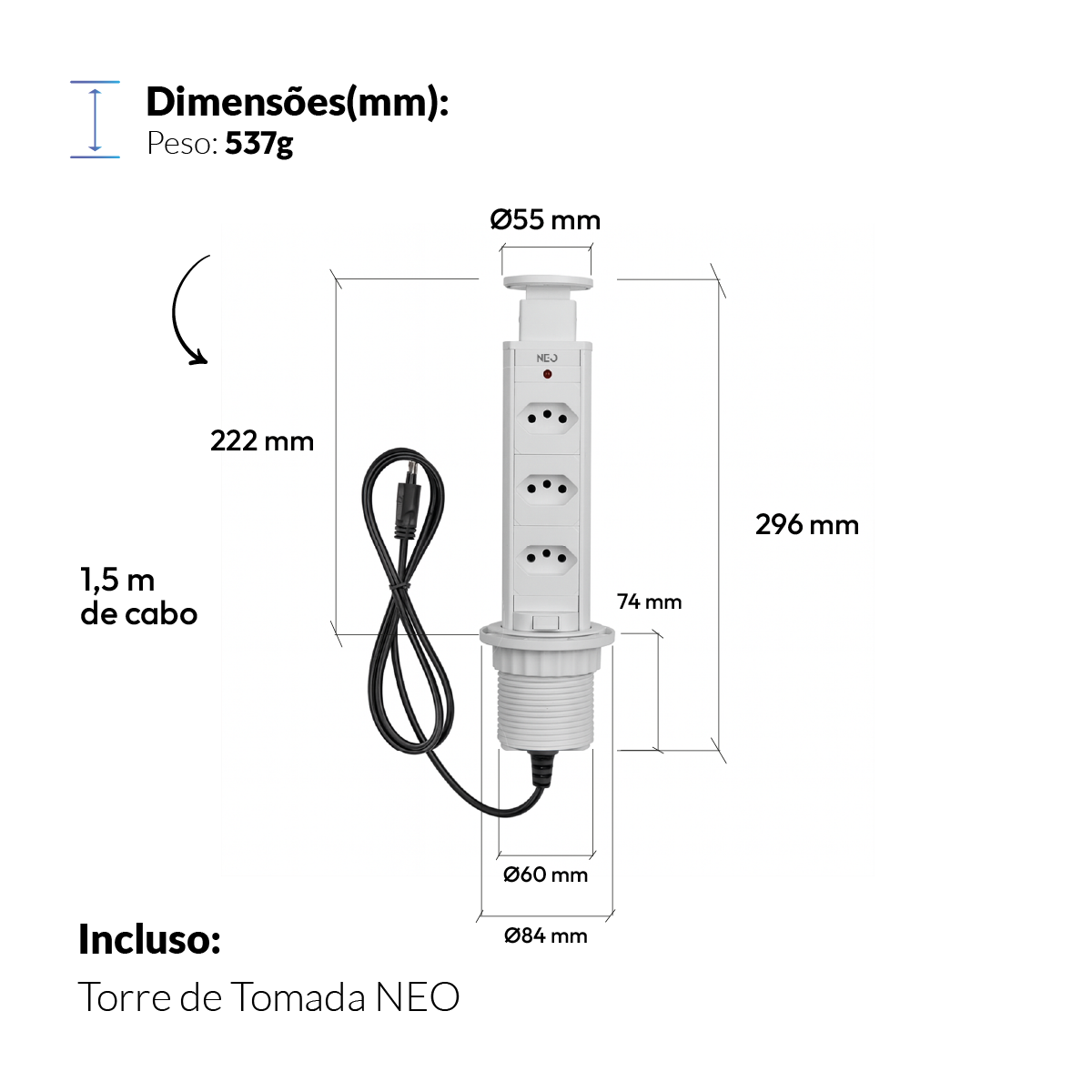 Torre de Tomada Retrátil Branco 3 Tomadas Multiplug Subida Manual Elevor Bivolt