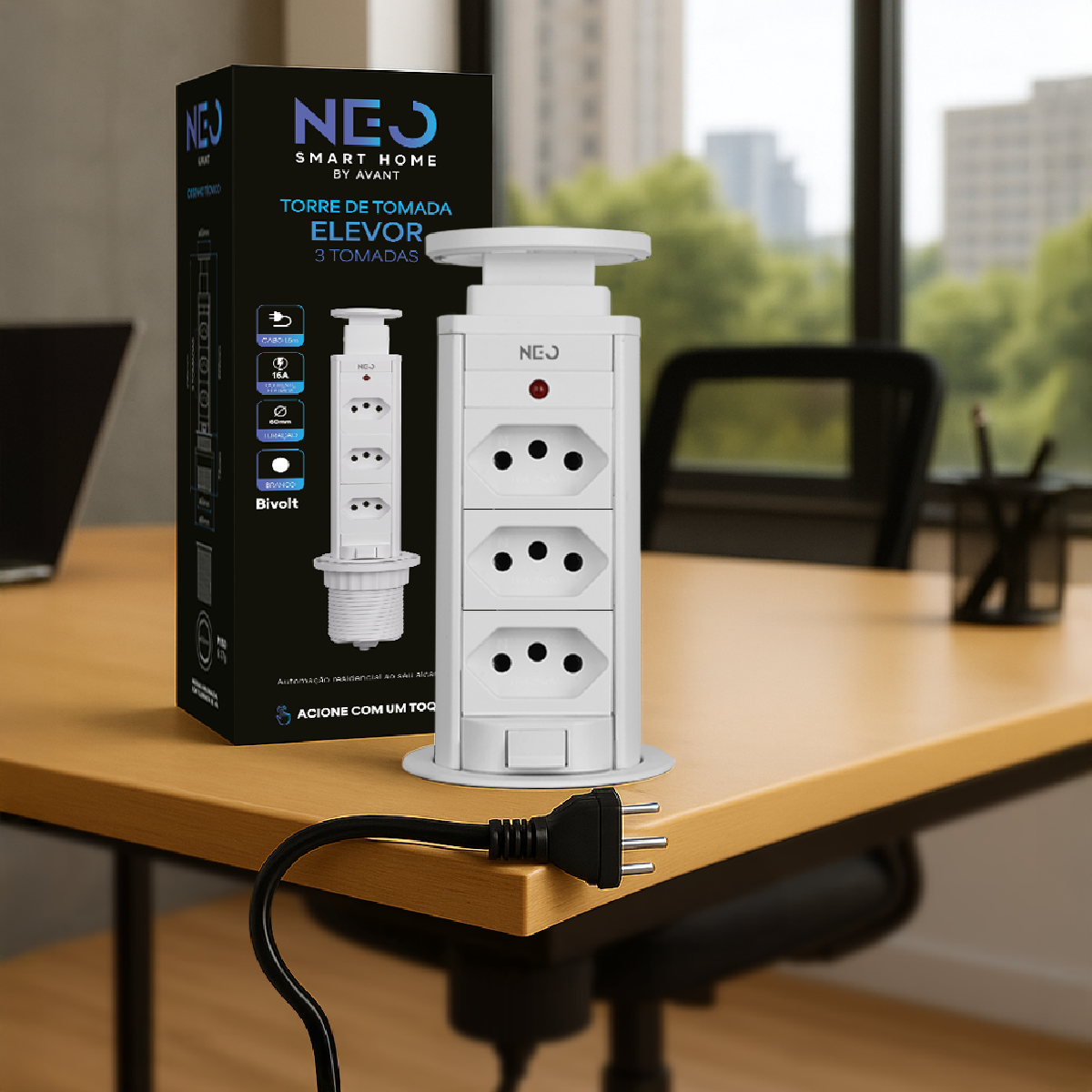 Torre de Tomada Retrátil Branco 3 Tomadas Multiplug Elevor Bivolt