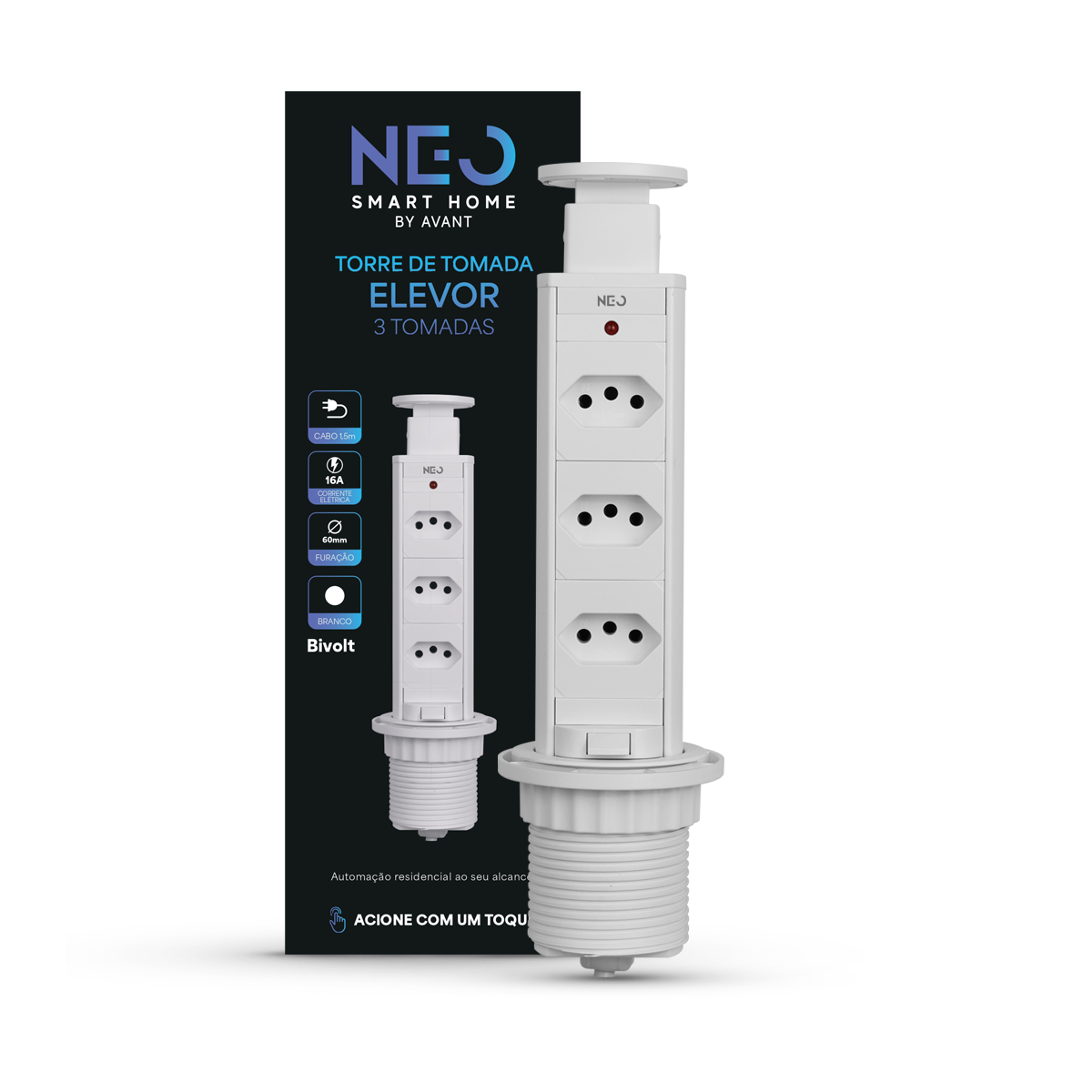 Torre de Tomada Retrátil Branco 3 Tomadas Multiplug Subida Manual Elevor Bivolt