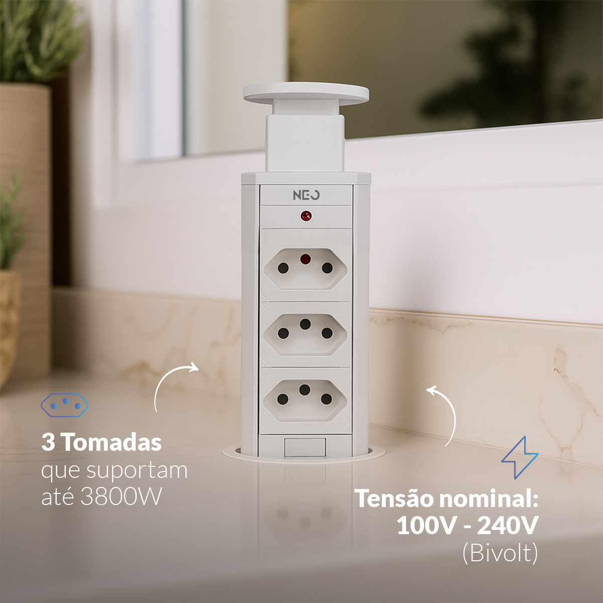 Torre de Tomada Retrátil Branco 3 Tomadas Multiplug Subida Manual Elevor Bivolt