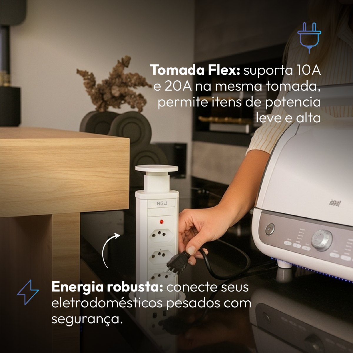 Torre de Tomada Retrátil Branco 3 Tomadas Multiplug Elevor Bivolt