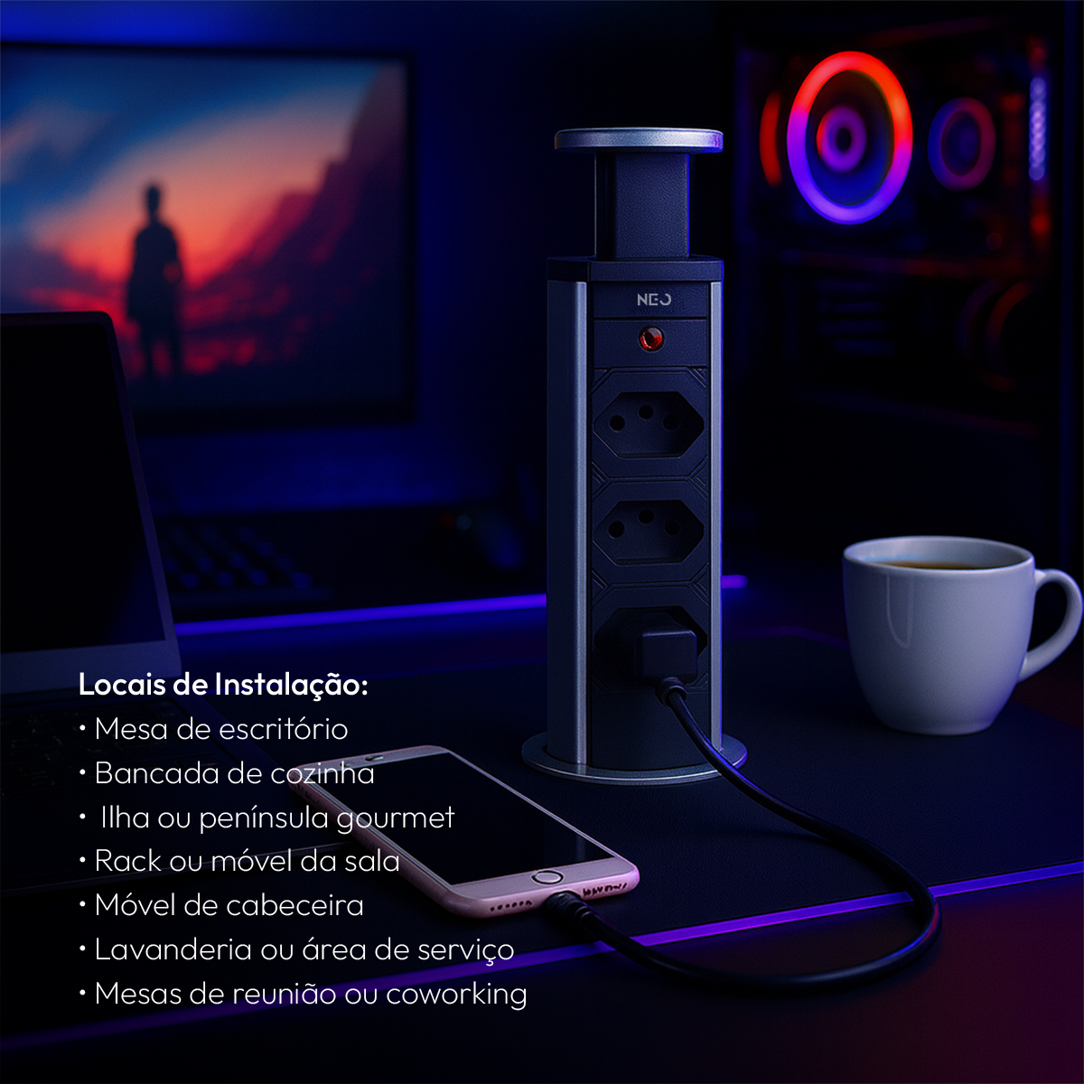 Torre de Tomada Retrátil Cinza 3 Tomadas Multiplug Elevor Bivolt