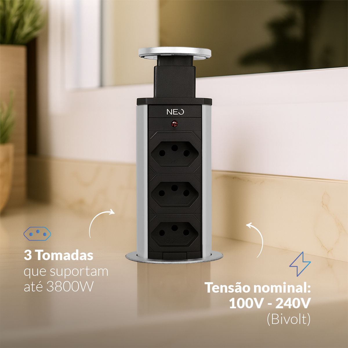 Torre de Tomada Retrátil Cinza 3 Tomadas Multiplug Subida Manual Elevor Bivolt