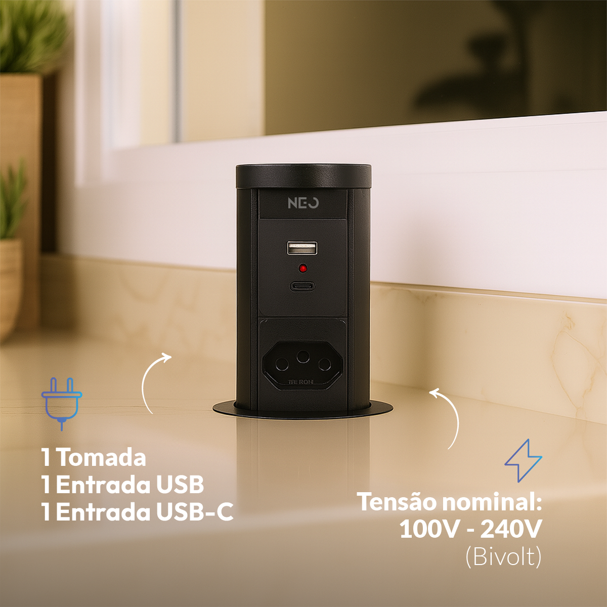 Torre de Tomadas Retrátil Preto 1 Tomada Multiplug USB e USB C Elevor Bivolt