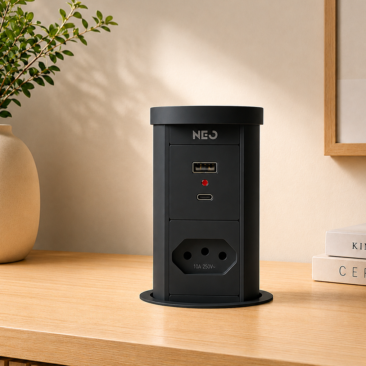Torre de Tomadas Retrátil Preto 1 Tomada Multiplug USB e USB C Subida Automática Elevor Bivolt