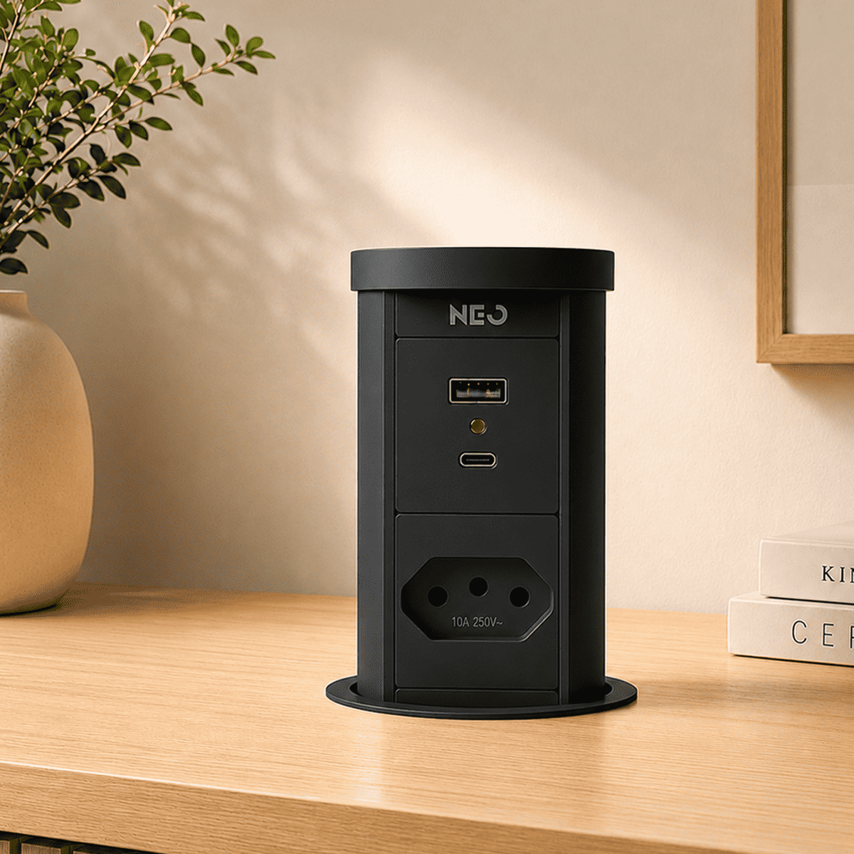 Torre de Tomadas Retrátil 1 Tomada Multiplug USB e USB C Subida Automática Elevor Preto Bivolt - NEO Avant