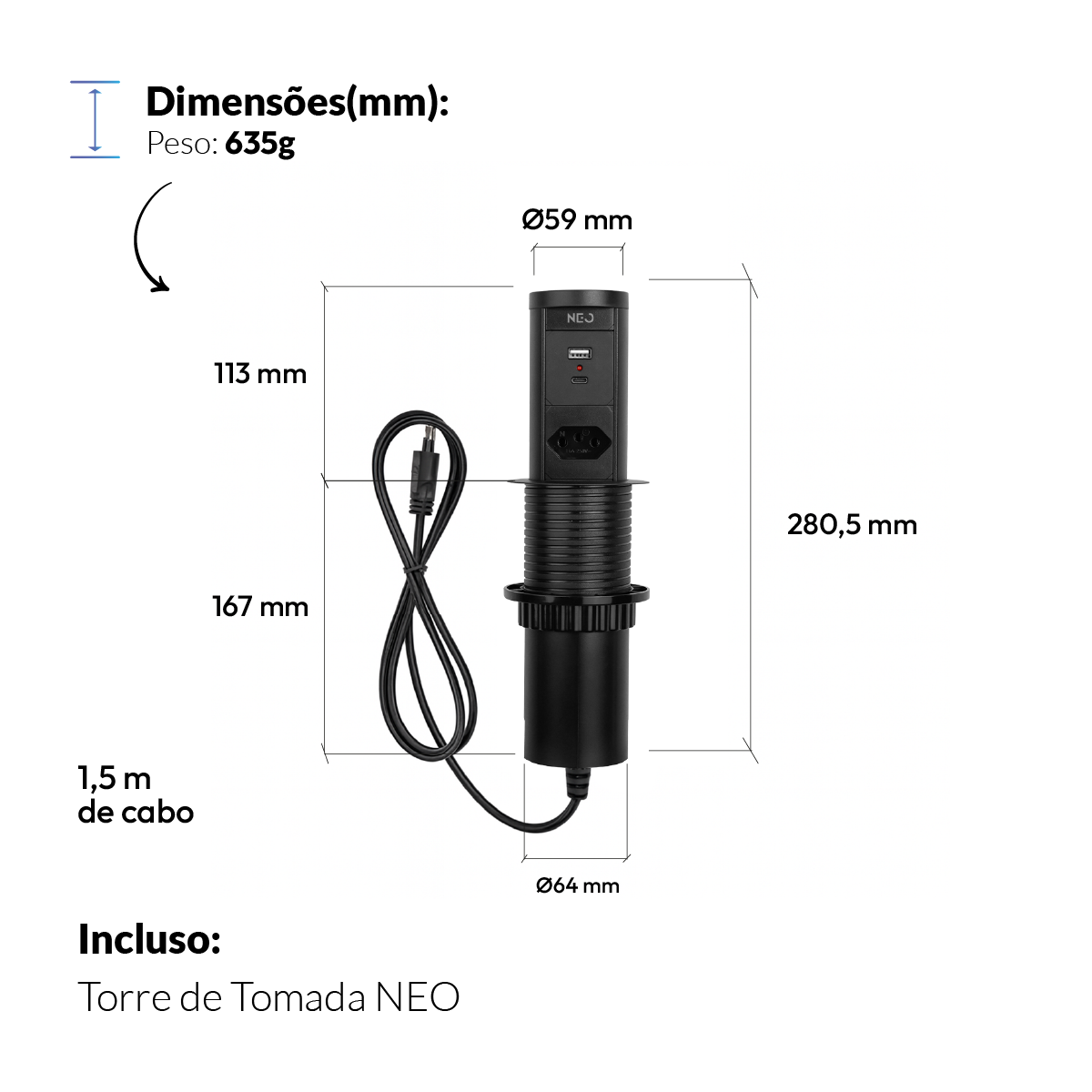 Torre de Tomadas Retrátil Preto 1 Tomada Multiplug USB e USB C Subida Automática Elevor Bivolt
