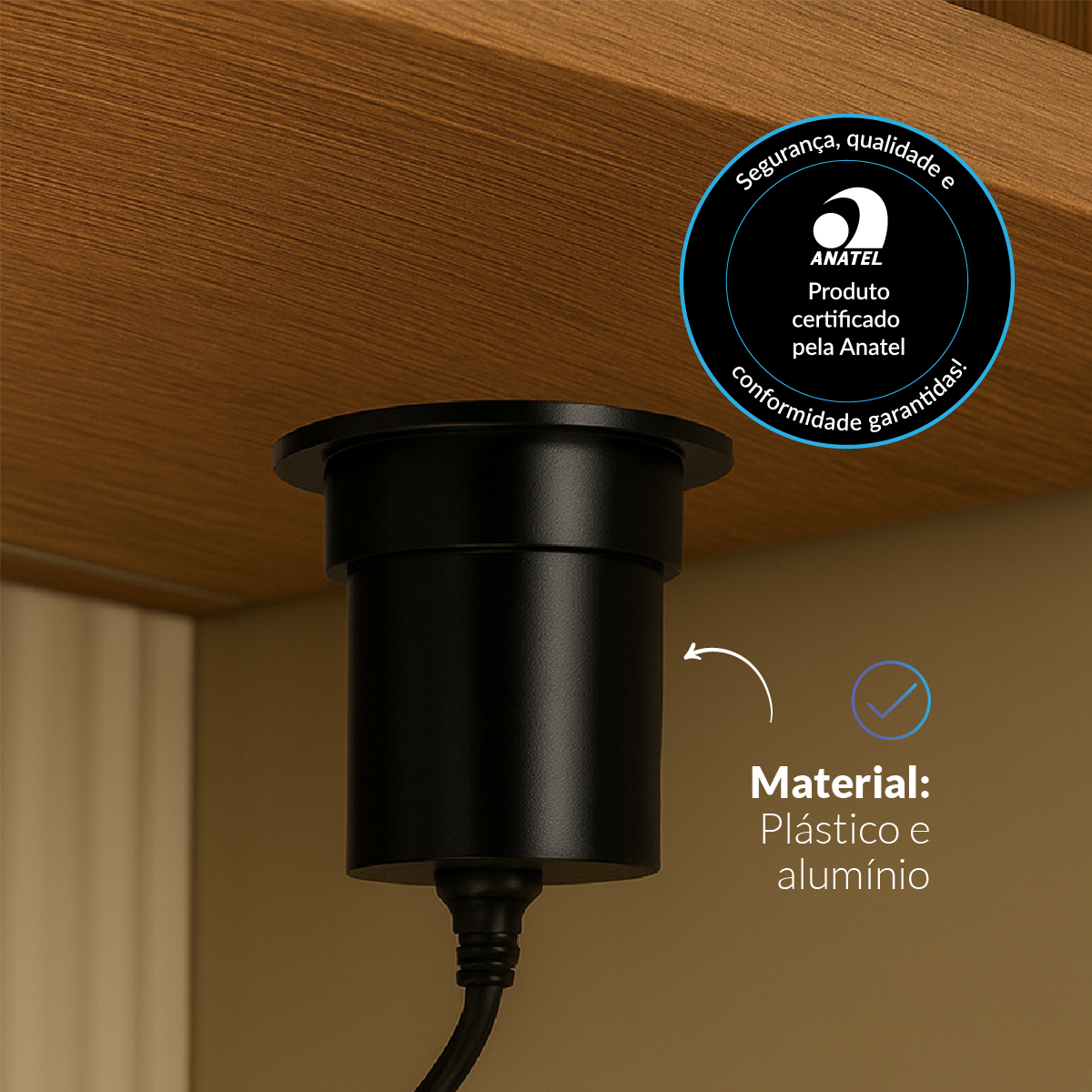 Torre de Tomadas Retrátil Preto 1 Tomada Multiplug USB e USB C Subida Automática Elevor Bivolt