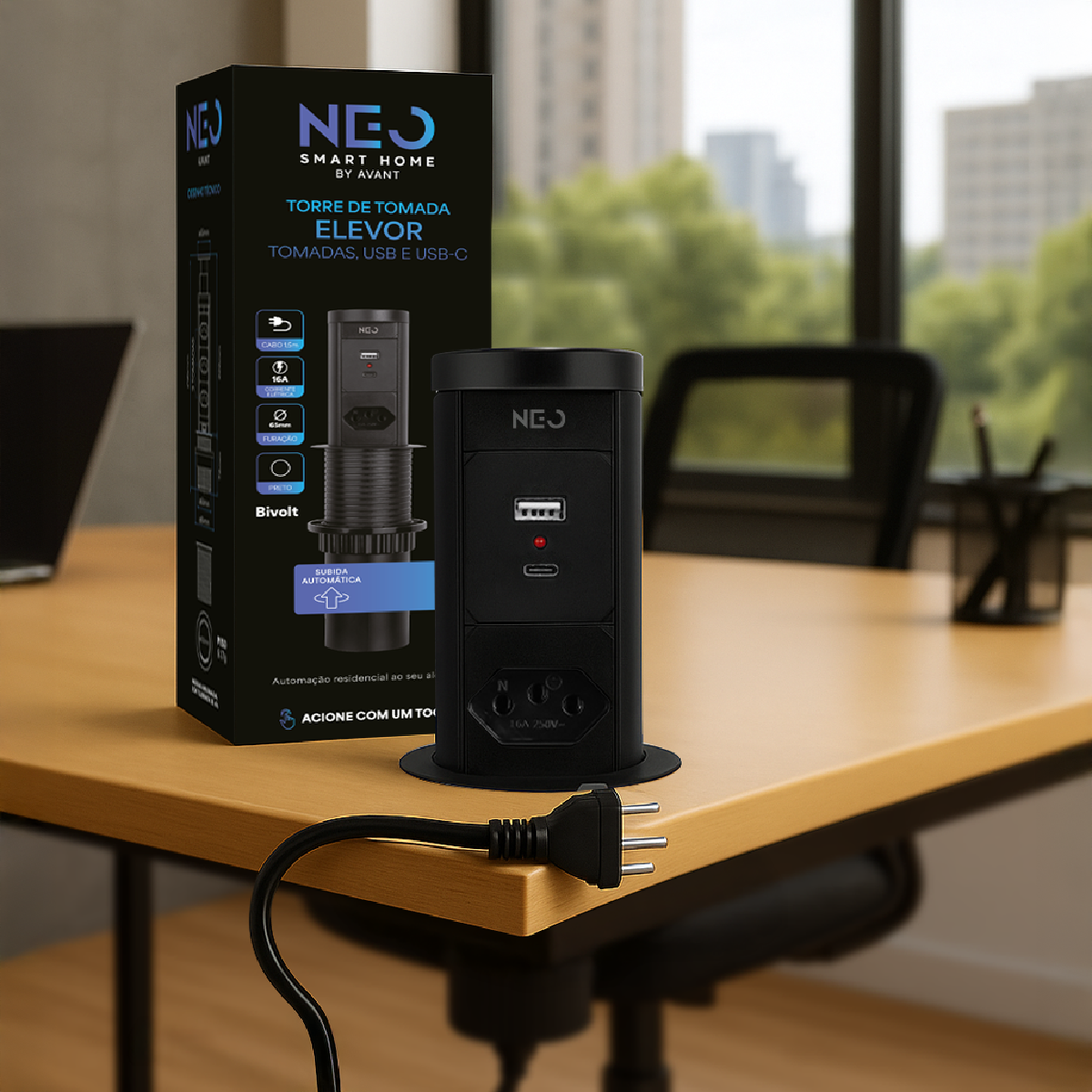 Torre de Tomadas Retrátil Preto 1 Tomada Multiplug USB e USB C Elevor Bivolt