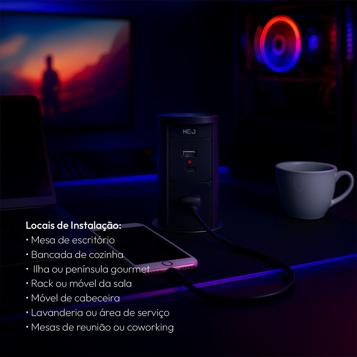 Torre de Tomadas Retrátil Preto 1 Tomada Multiplug USB e USB C Elevor Bivolt