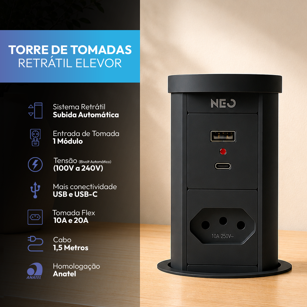 Torre de Tomadas Retrátil Preto 1 Tomada Multiplug USB e USB C Subida Automática Elevor Bivolt