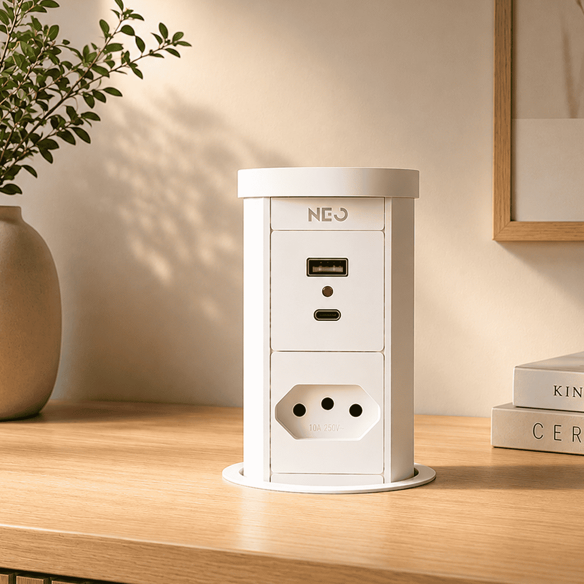 Torre de Tomadas Retrátil 1 Tomada Multiplug USB e USB C Subida Automática Elevor Branco Bivolt - NEO Avant