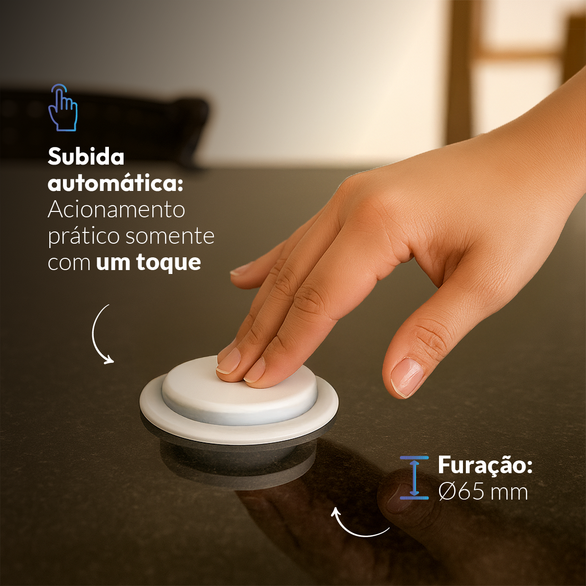 Torre de Tomadas Retrátil Branco 1 Tomada Multiplug USB e USB C Subida Automática Elevor Bivolt