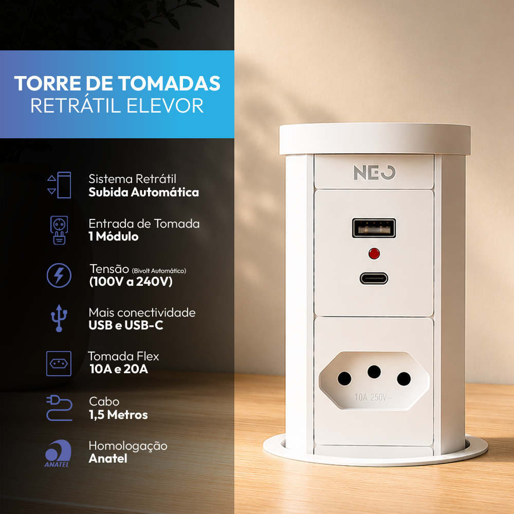Torre de Tomadas Retrátil Branco 1 Tomada Multiplug USB e USB C Subida Automática Elevor Bivolt