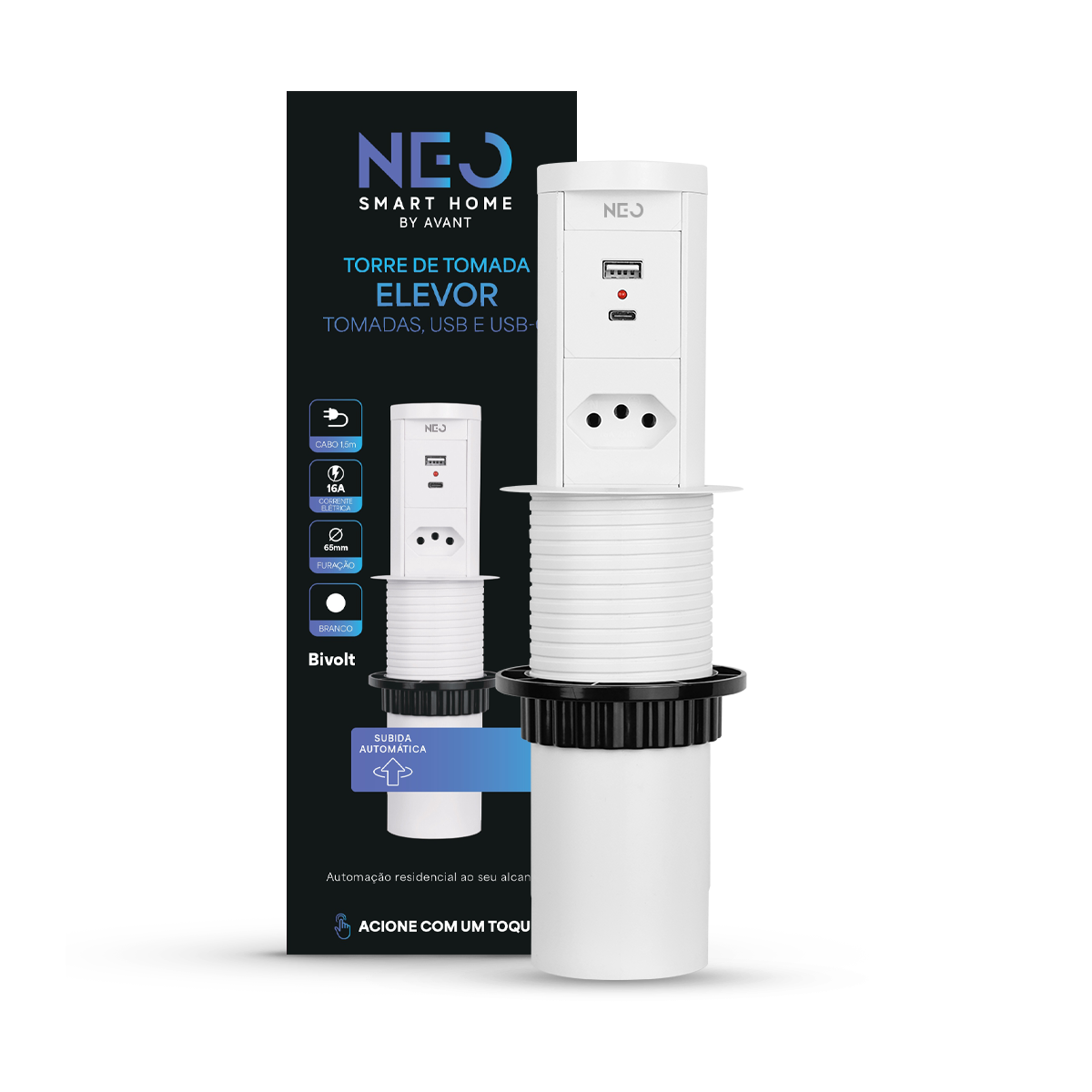 Torre de Tomadas Retrátil Branco 1 Tomada Multiplug USB e USB C Subida Automática Elevor Bivolt