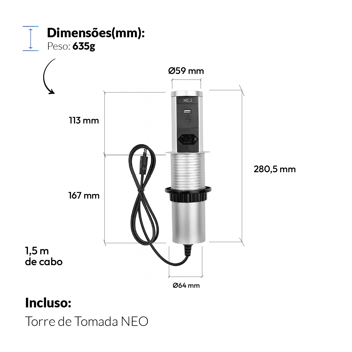 Torre de Tomadas Retrátil Cinza 1 Tomada Multiplug USB e USB C Subida Automática Elevor Bivolt