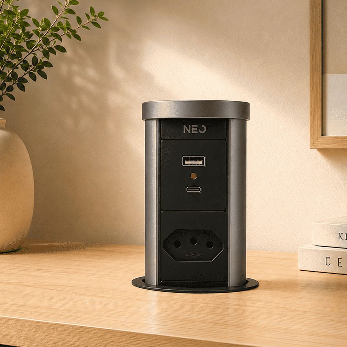Torre de Tomadas Retrátil 1 Tomada Multiplug USB e USB C Subida Automática Elevor Cinza Bivolt - NEO Avant