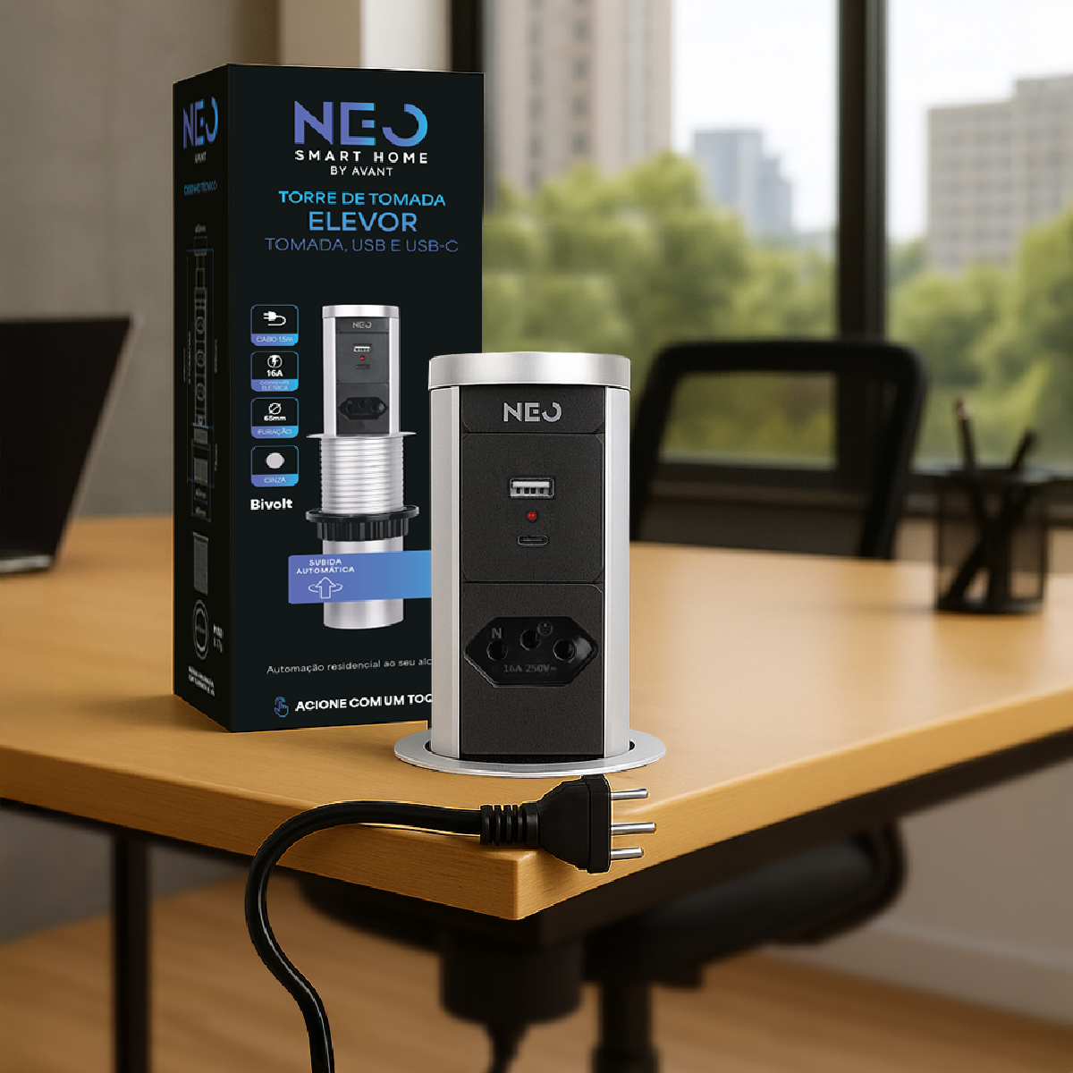 Torre de Tomadas Retrátil Cinza 1 Tomada Multiplug USB e USB C Elevor Bivolt