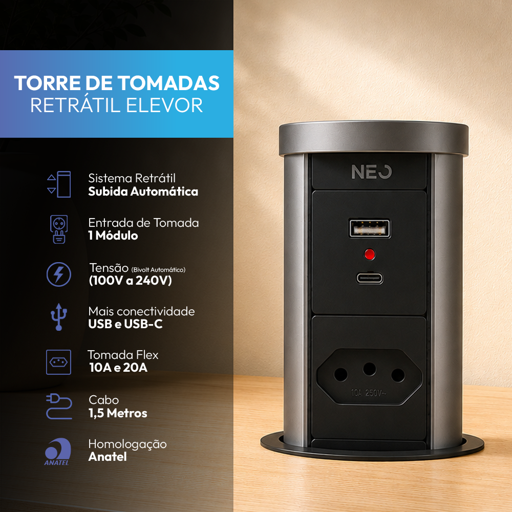 Torre de Tomadas Retrátil Cinza 1 Tomada Multiplug USB e USB C Subida Automática Elevor Bivolt