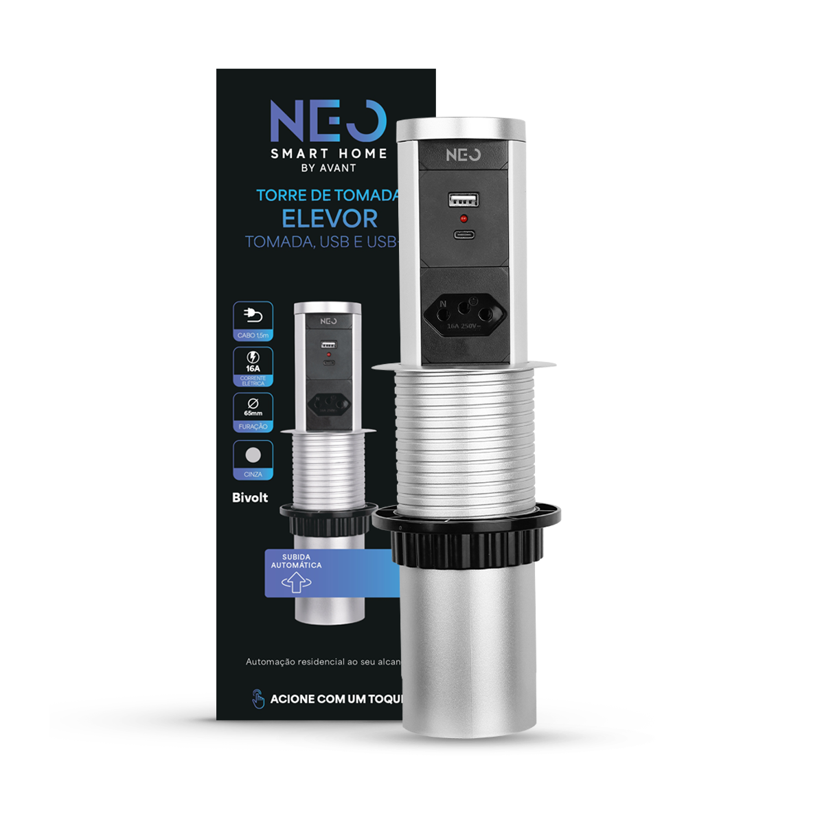 Torre de Tomadas Retrátil Cinza 1 Tomada Multiplug USB e USB C Subida Automática Elevor Bivolt