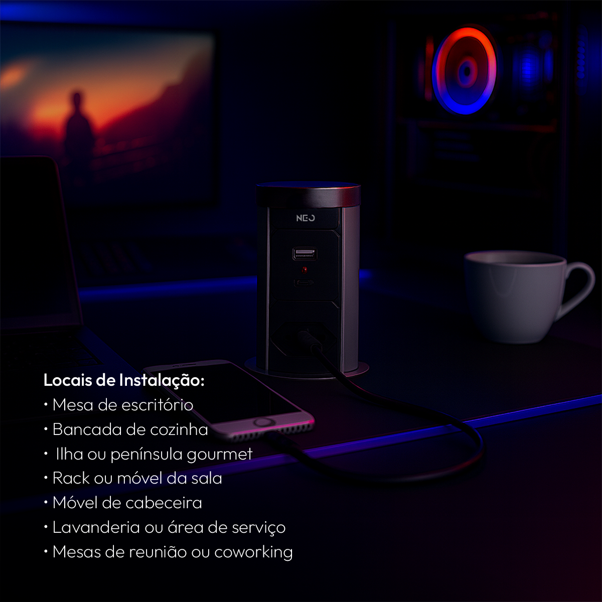 Torre de Tomadas Retrátil Cinza 1 Tomada Multiplug USB e USB C Elevor Bivolt