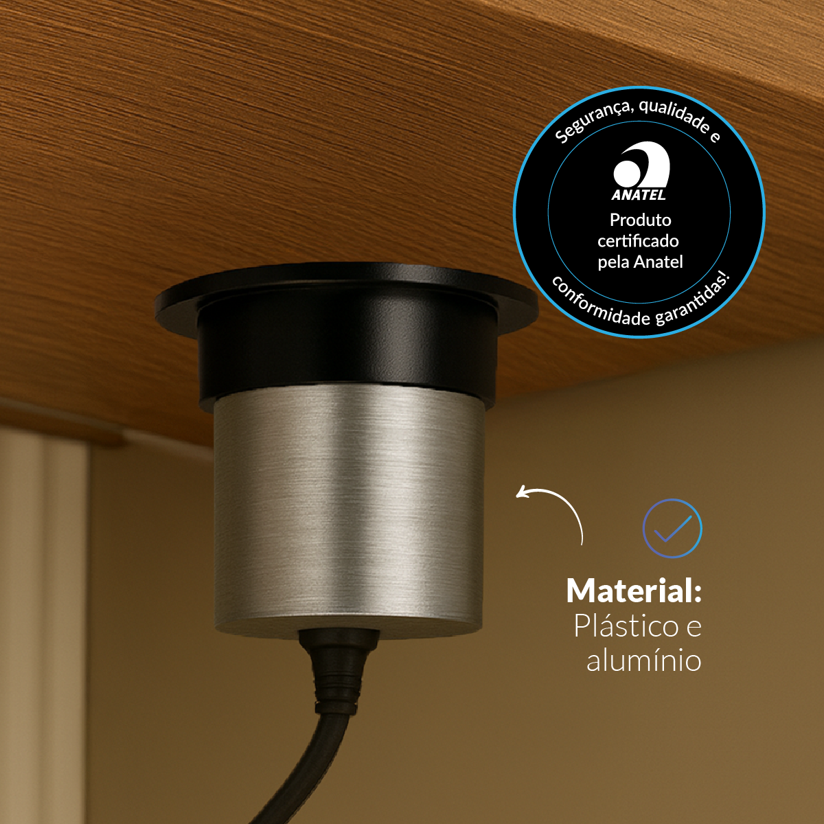 Torre de Tomadas Retrátil Cinza 1 Tomada Multiplug USB e USB C Subida Automática Elevor Bivolt