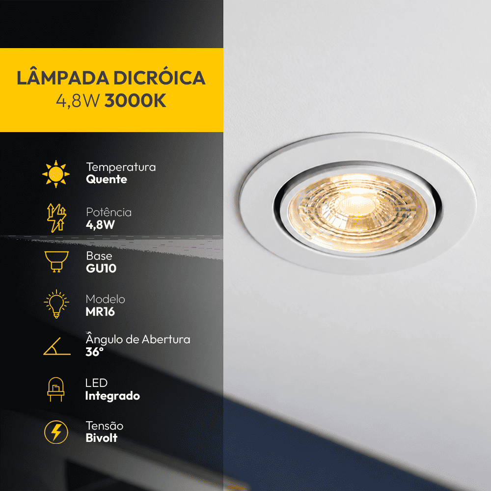 Lâmpada Led Dicróica MR16 4,8w 3000k Branco Quente GU10 Bivolt Alut